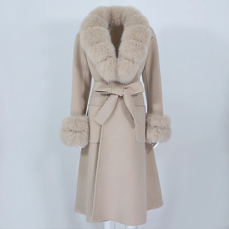 

OFTBUY 2022 X-long Cashmere Wool Blends Real Fur Coat Belt Winter Jacket Women Natural Fox Fur Collar Cuffs Streetwear Outerwear