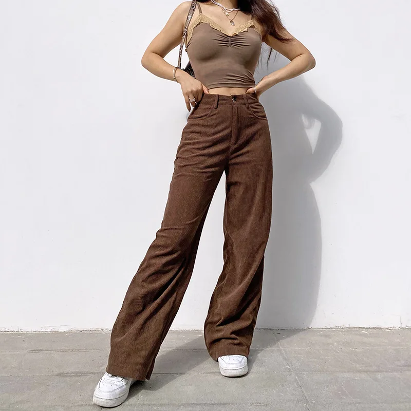 

WEPBEL Fashion Women Plain Color Corduroy Straight Pants Loose Wide Leg Pant Trouser