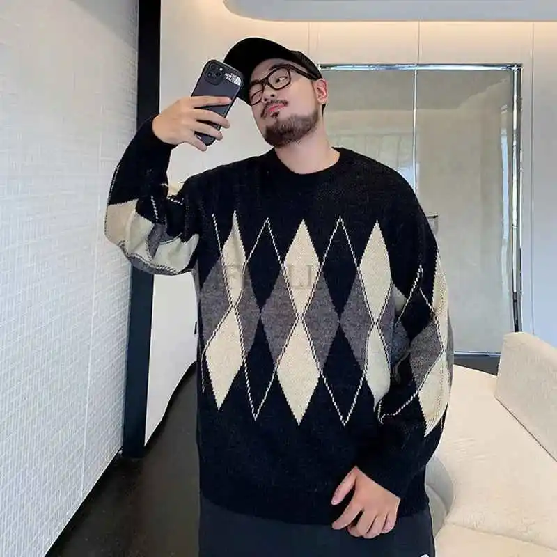

high quality autumn winter men sweater plaid geometry large size 8XL korea style kintted sweater loose tees tops 150KG 52 54 60