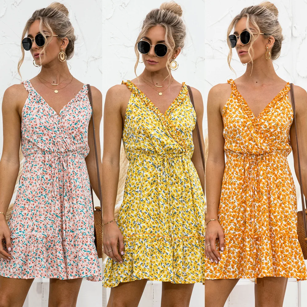 

2021 Summer Floral Print Dress Sexy V Neck Spaghetti Ruffle Mini Dresses Women Fashion Beach A Line Party Dress Vestidos Mujer