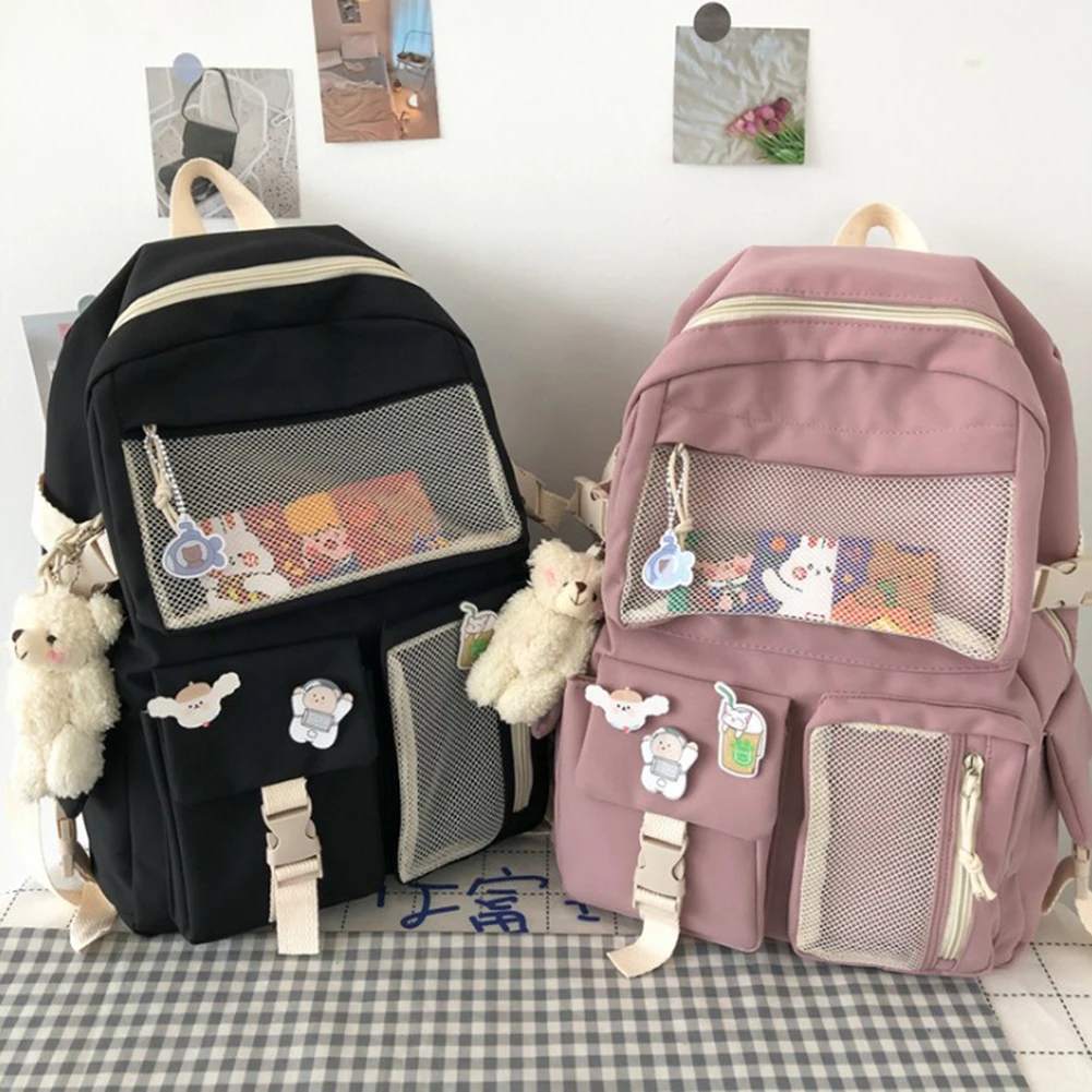 

Ladies Contrast Color Travel Backpacks Girls Student Cartoon School Rucksack Canvas Large Multi Pockets Knapsacks