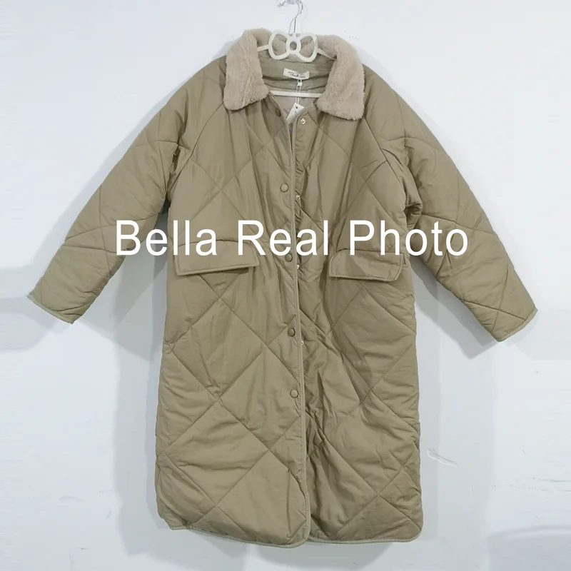 Парка женская зимняя длинная с меховым воротником ромбовидным узором