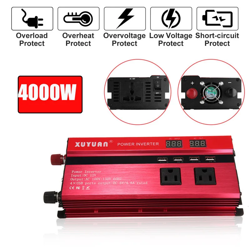 

Inverter DC 12/24V To AC 110/220V 4000W Peak Car Power Inverter Voltage Transformer Converter Charger Solar Inversor LCD Display