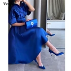 Verngo Королевский синий атласное вечернее платье с лацканами с короткими рукавами ботильоны Длина Для женщин Вечерние Выпускные одежды ткань элегантный изготовленный на заказ