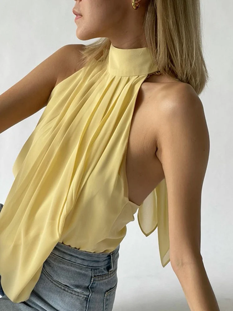 

Women's 2021 Summer New Ls21084 Sexy Temperament Hanging Neck Open Back Chiffon Solid Color Blouse Women