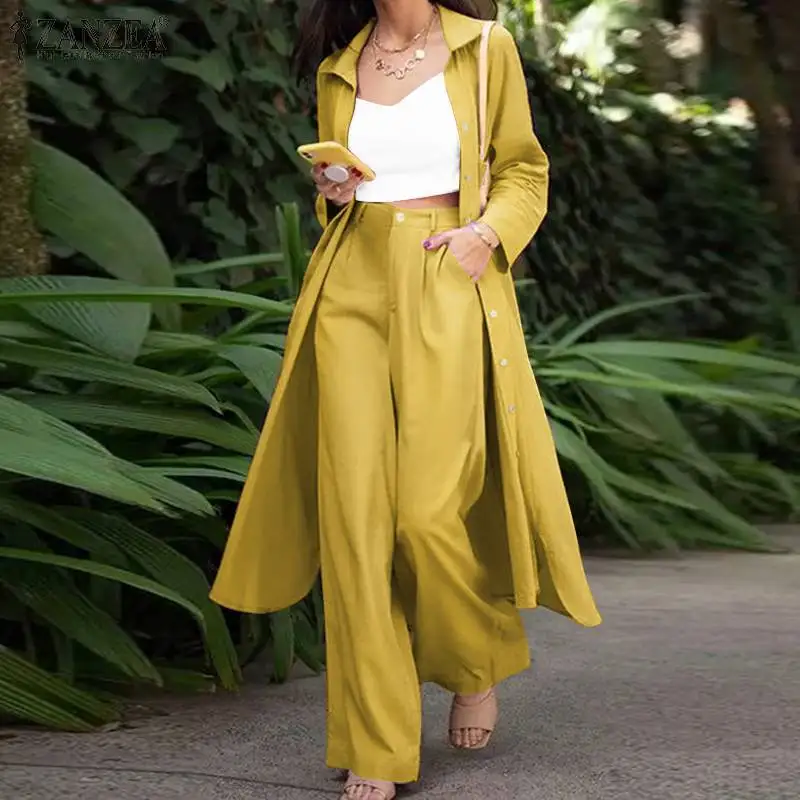 

2PCS kaftan Women Solid Sets ZANZEA 2022 Casual Long Sleeve Blouses and Pants Female Tops Elastic Waist Trouser Loose Work Sets