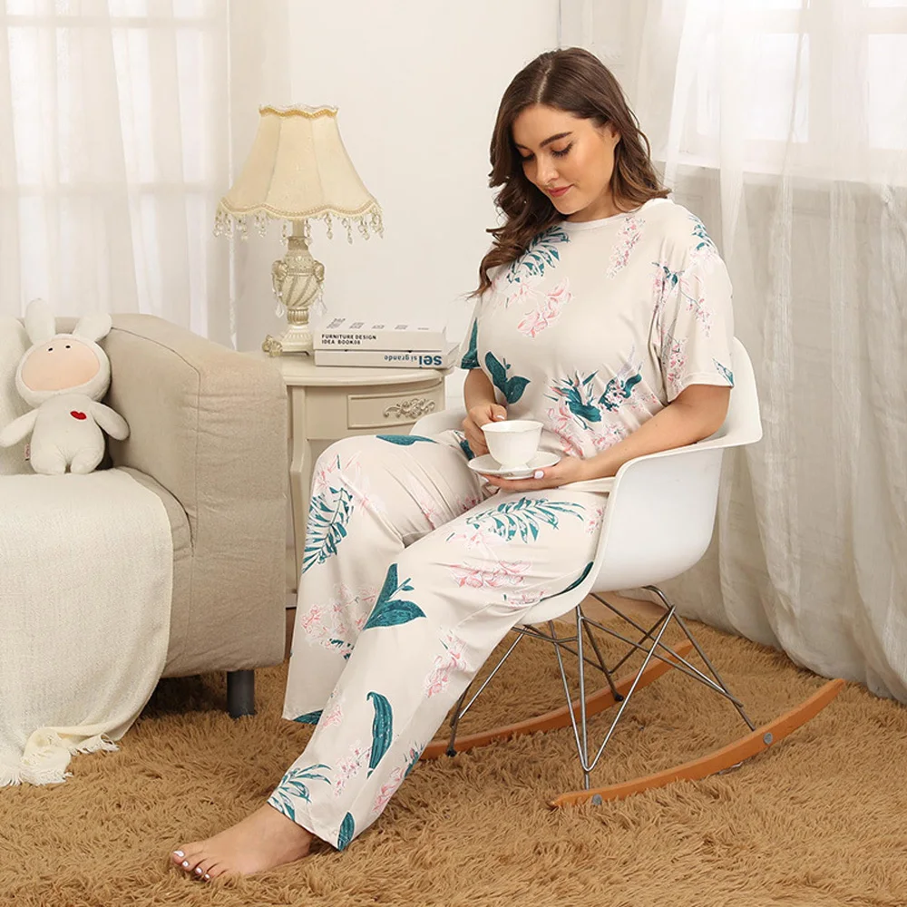 2020 Large Size Women's Pajamas White T Shirt Sleep Tops Pants Nightgown For Woman Home Cloth Night Wear Tall And Fat Trousers | Женская