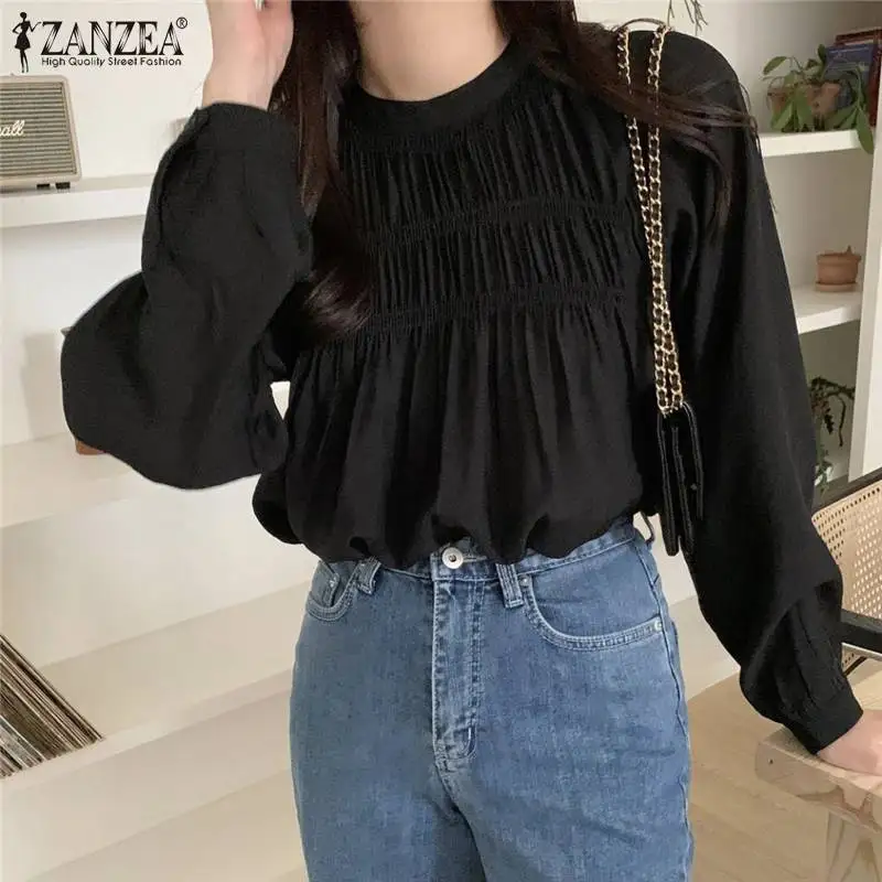 

Bohemian Casual Elegant Loose Retro Tops 2022 ZANZEA Autumn Women Puff Sleeve O-Neck Blouse Solid Buttons Thin Holiday Chemise