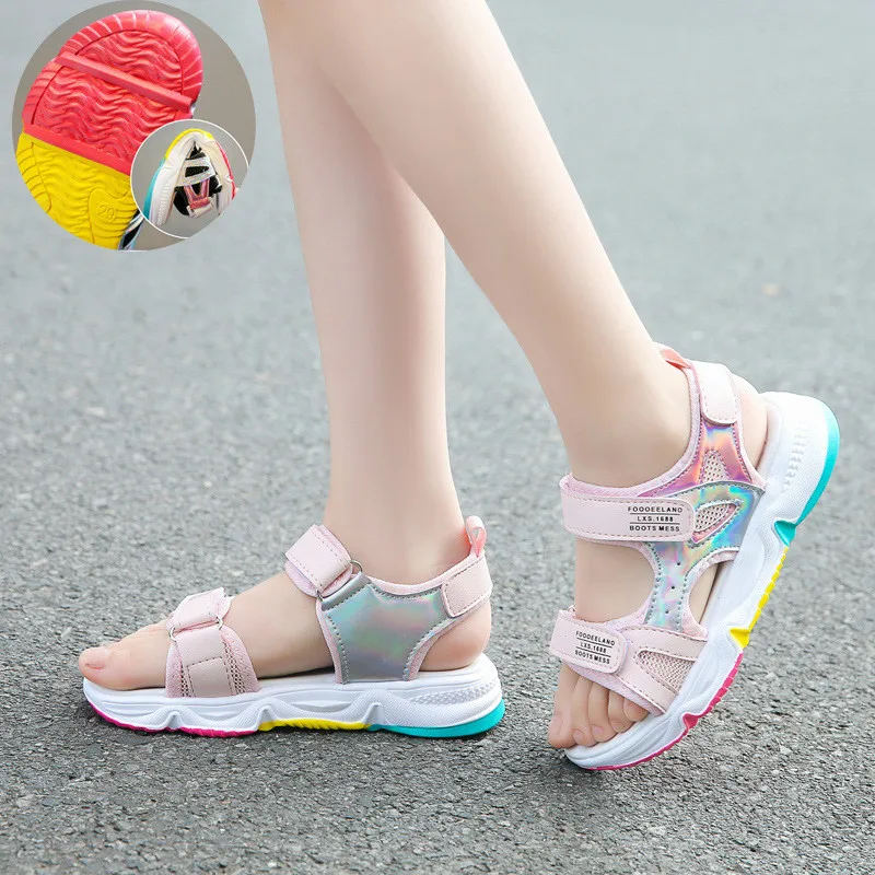 Сандалии для девочек модная пляжная обувь с радужной подошвой летние детские