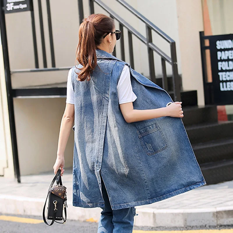 Fashion Bust (100-130cm) S-3XL 2020 Plus Size Summer Jacket Sleeveless Cardigan Ladies Jeans Waistcoats Long Denim Vest Women | Женская