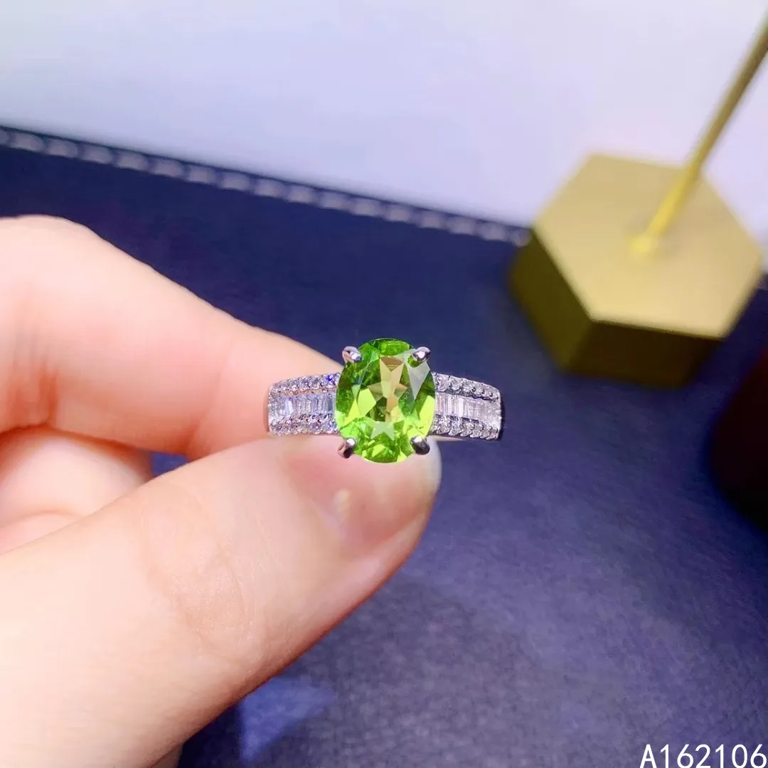 

925 Pure Silver Chinese Style Natural Peridot Women's Luxury Vintage Simple Oval Adjustable Gem Ring Fine Jewelry Support Detect