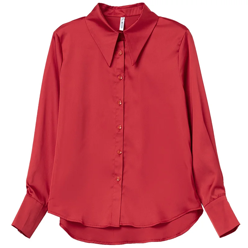 

Korean Fashion Silk Women Blouses Satin Long Sleeve Shirt and Blouse Office Lady Blusas Largas Loose Autumn Womens Tops