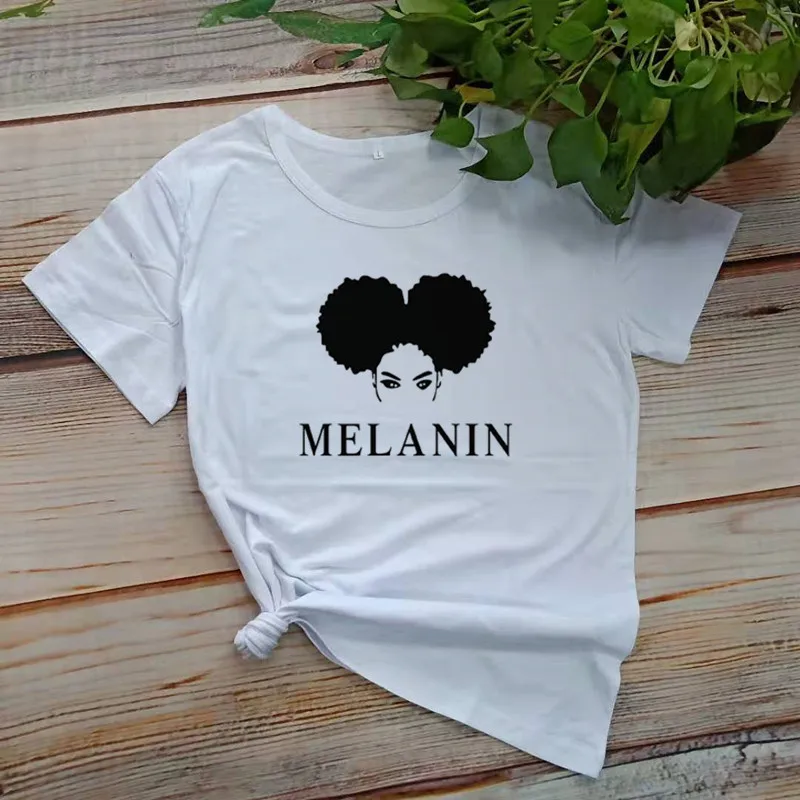 Черная модная графическая футболка MELANIN для девочек Хлопковая женская рубашка с