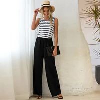 2021 beauty dress summer round neck printed vest casual fashion wide leg pants solid color loose jumpsuit