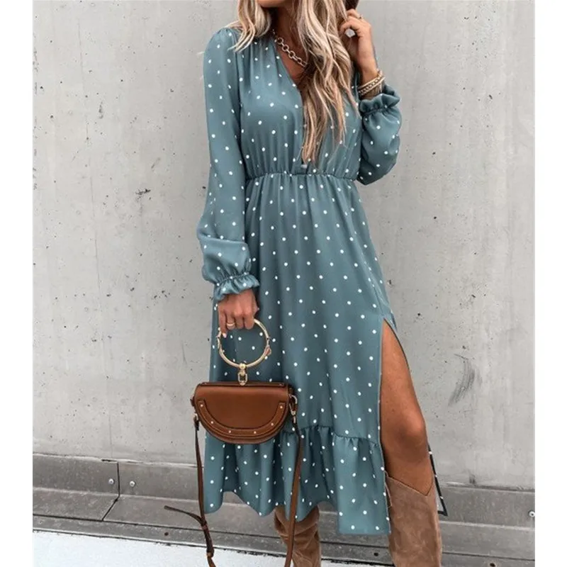 

Women's Dress V Neck Long Sleeved Polka Dot Ruffle Slit Midi Dress Woman Party Elegant Summer Sexy Girl Bodycon Casual Clothing