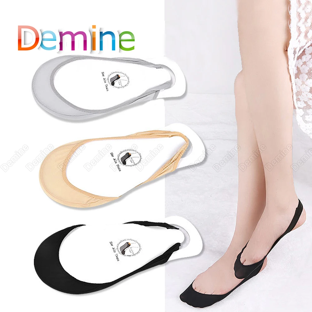 

Demine Short Socks Women Invisible Shallow Mouth Slipper Boat Socks Summer Sexy Hollow Ice Silk Anti Slip Sox Foot Care Pads