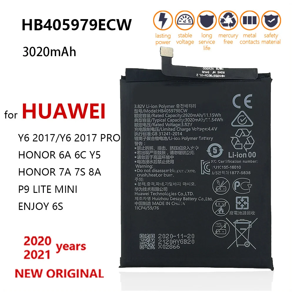 

100% genuine HB405979ECW 3020mAh For Huawei Nova Enjoy 6S Honor 6C 6A 7A 7S 8A 7A Pro Y5 Y6 Y6 Pro 2017 P9 Lite Mini batteria