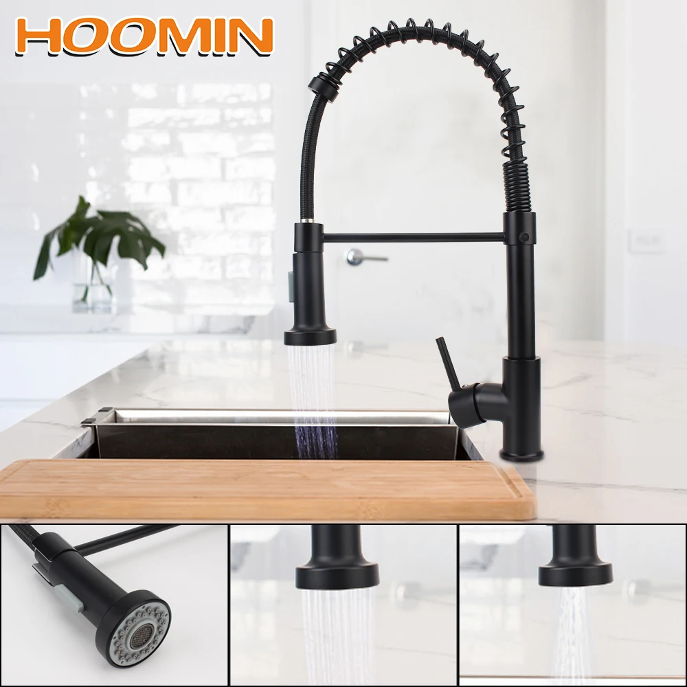 

HOOMIN Deck Mounted Mixer Tap Matte Black Kitchen Sink Spring Style with Spray Mixers Taps 360 Degree Rotation Kitchen Faucet