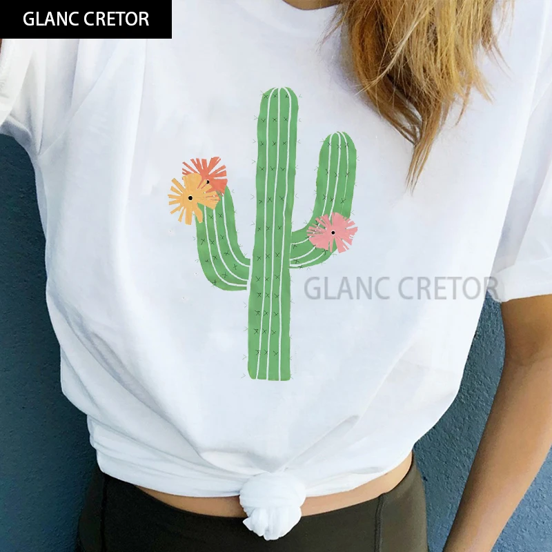 

Casual Woman Tee Shirt T Female T-shirt Women Clothes Print Flower Sweet Summer Plants Dog Cartoon Cactus Printed Women Top