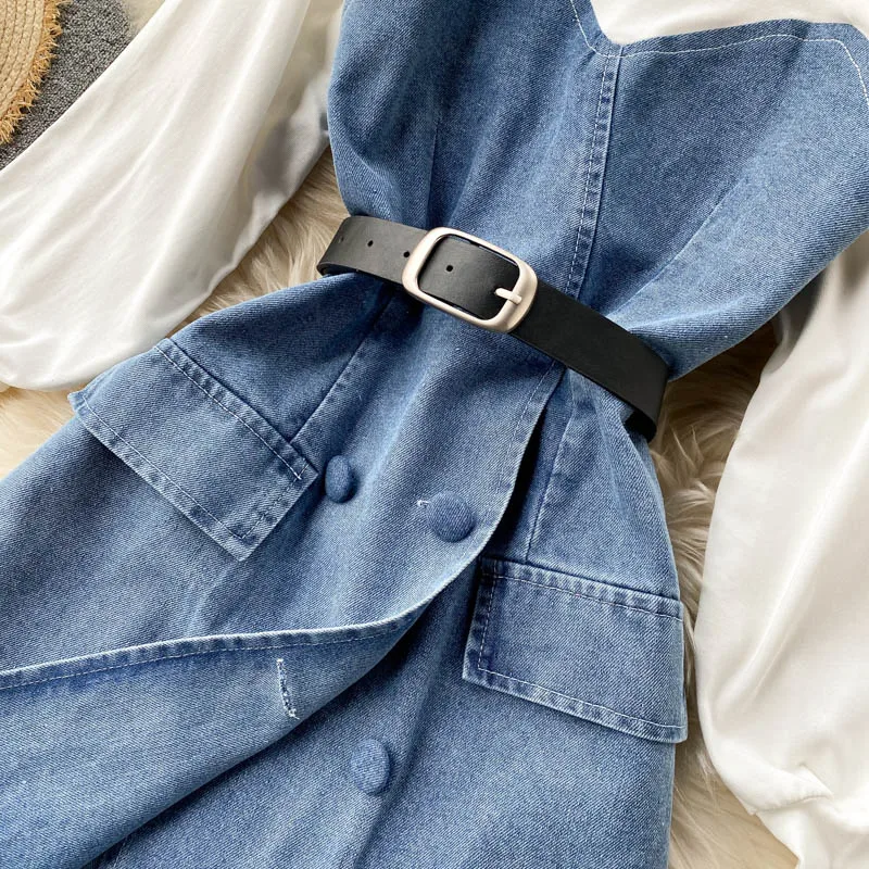 

Women Vintage Denim OL Dresses Sexy Y2K Office Lady Patchwork Party Dress Fashion Clothes Vintage O-neck Belt Vestidos Wear D408