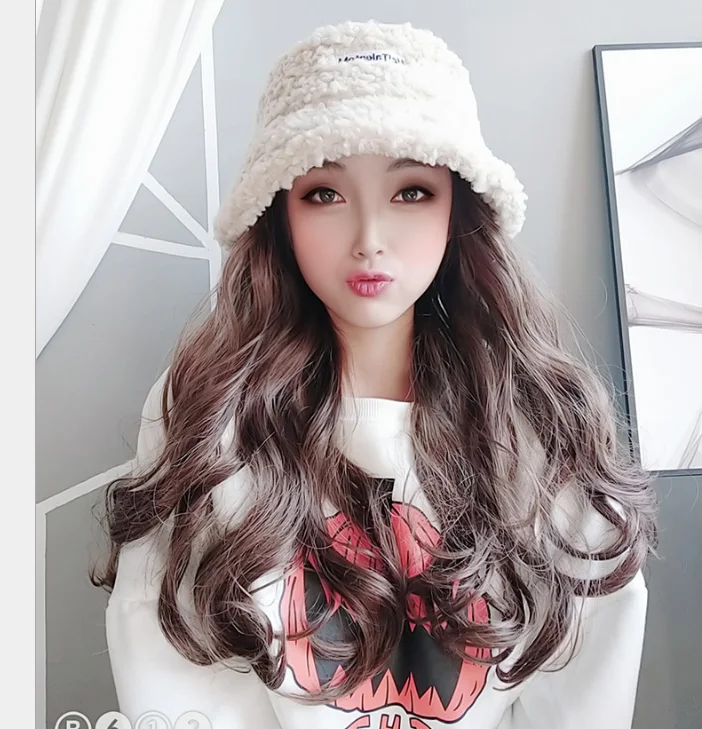 Lamb Wool Fisherman Hat With Wig In One Female Autumn Winter Natural Big Wave Detachable Fashion Corn Perm Women Girl  Brown