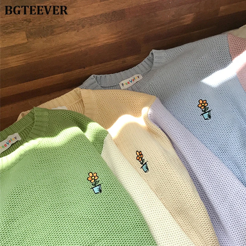 BGTEEVER шик вышивка Женский вязаный свитер с круглым вырезом осень зима женские