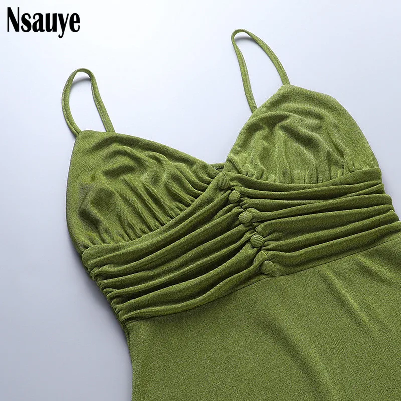 

Nsauye Sexy Women Elegant Green Ruched Strap V Neck Bodycon Midi Dress Party Club Casual Backless Wrap Dresses Summer 2021