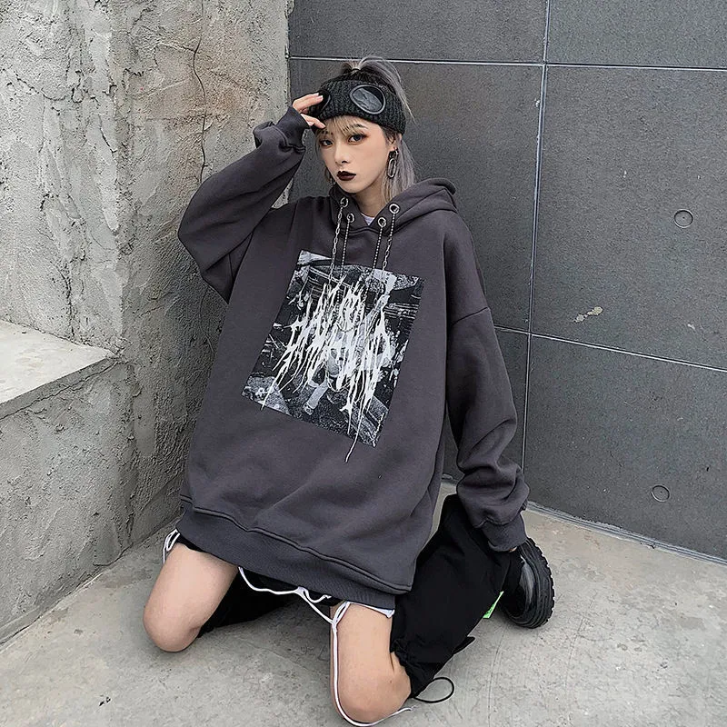 Женские толстовки с капюшоном Черный серый цвет цепочка принтом свободная