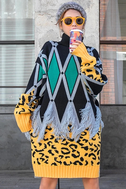 

Women's sweater Europe station retro rhombus high neck mid-length outer sweater dress women loose lazy knit trend