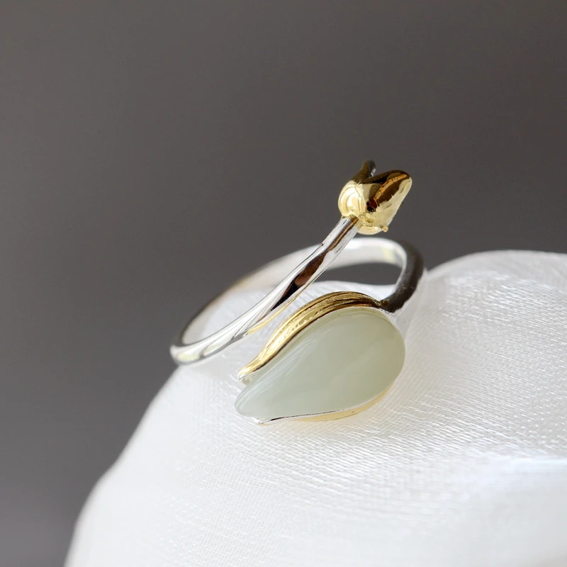 

Authentic 925 Sterling Silver Rings Inlaid Natural White Jade Petal Fashion National Style Women Opening Adjustable Ring