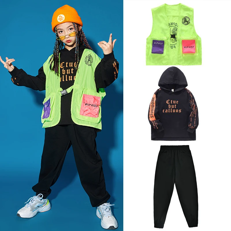 

Children's Hip Hip Dance Clothes Green Vest Black Hoodie Tops Casual Pants For Girls Hip Hop Suit Boys Jazz Dance Costume BL5698