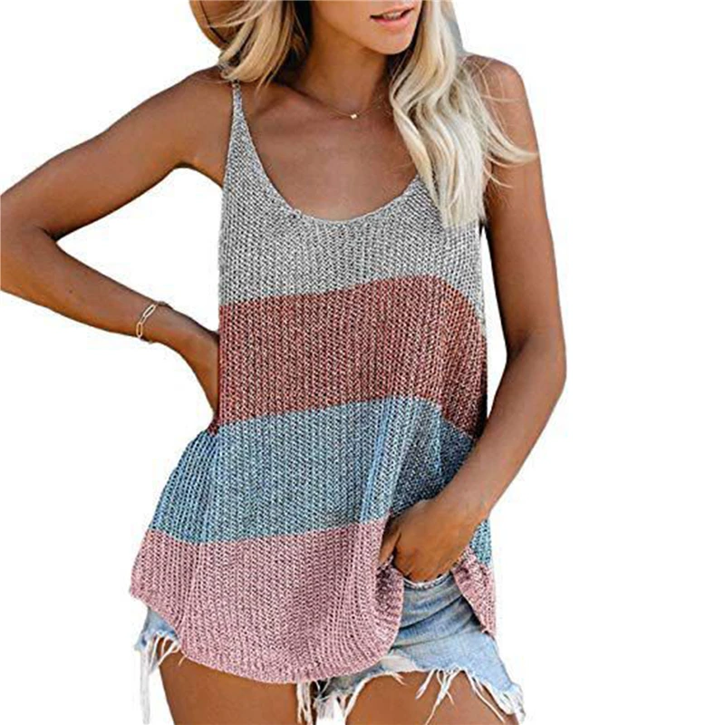 

Women Fashion Beach Vests Sleeveless Knitted Tops Ladies Summer Striped Slimming Camisoles Female Color Stitching Tank Tops