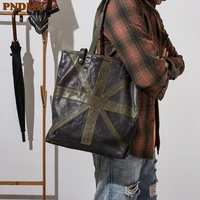 pndme fashion genuine leather large capacity mens tote bag outdoor travel handbag soft natural real cowhide big shoulder bag