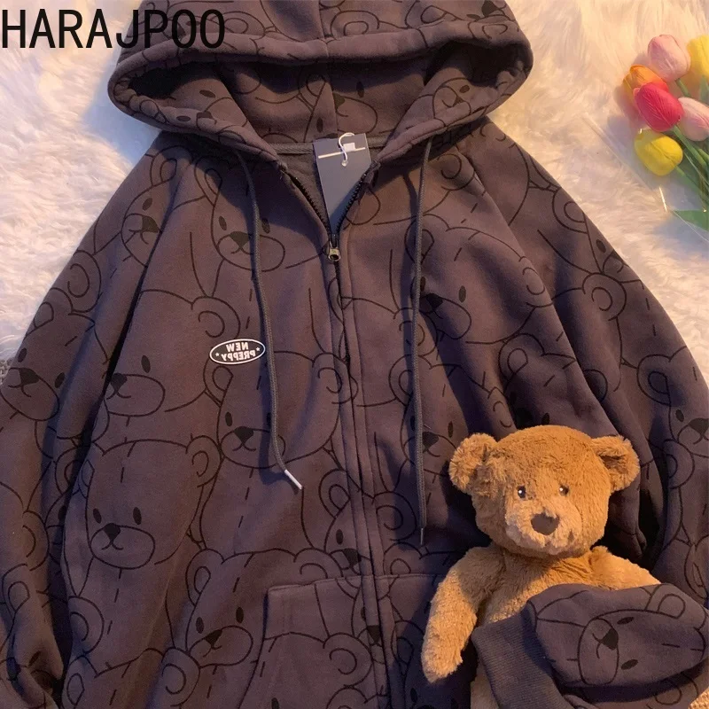

Куртка HARAJPOO Женская, с принтом медведя, в стиле Ins, свободная, уличная, с капюшоном, на молнии, с длинным рукавом, 2021