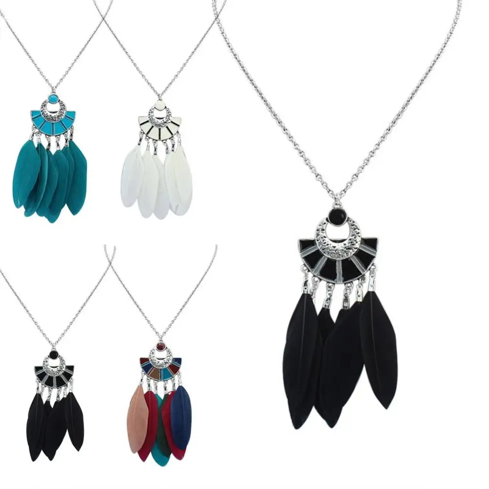 Богемный длинный свитер цепи бусы ожерелье Винтаж этнические перо подвеска