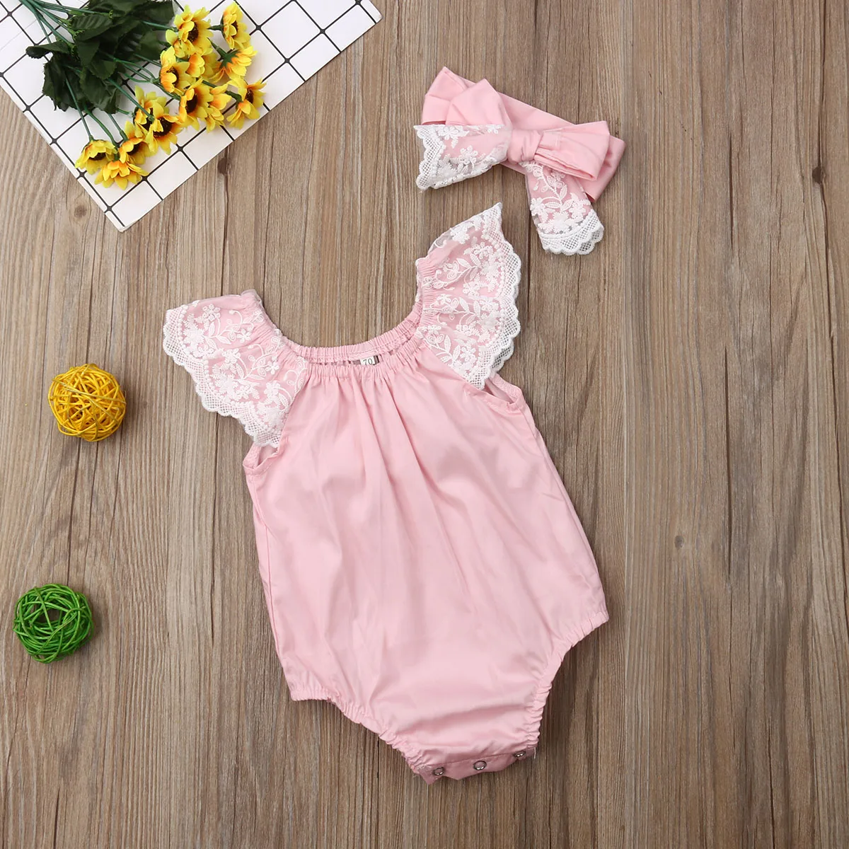 

Pudcoco Newborn Lace Romper Infant Baby Girls Lace Fly Sleeve Romper Jumpsuit Headband 2Pcs Summer Toddler Clothes Sets 0-24M