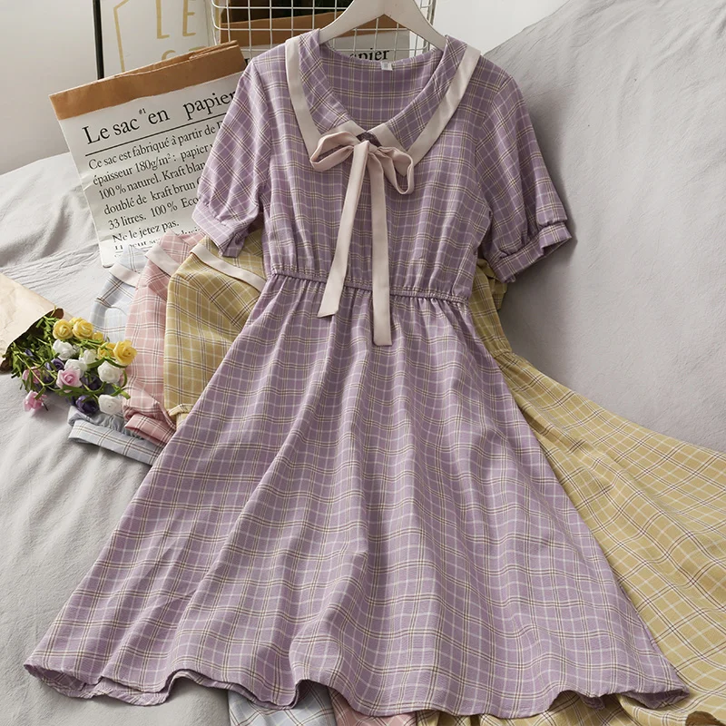 

2021 Summer Bow Lace Color Block Peter Pan Collar Short Sleeve Dress Women's New Plaid High Waist Swing Dress Fashion