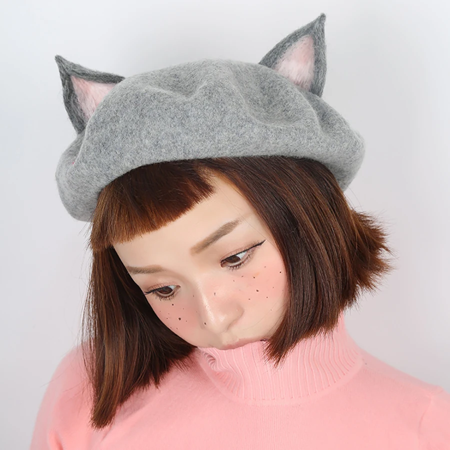 Повседневная шерстяная шапка ручной работы с милыми кошачьими ушками