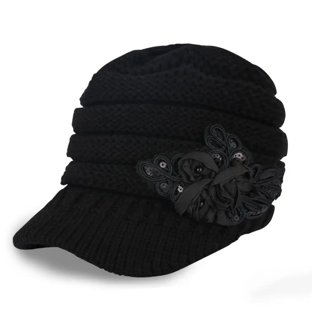 Женские зимние вязаные шапки с козырьком элегантная шерстяная шапка аппликацией