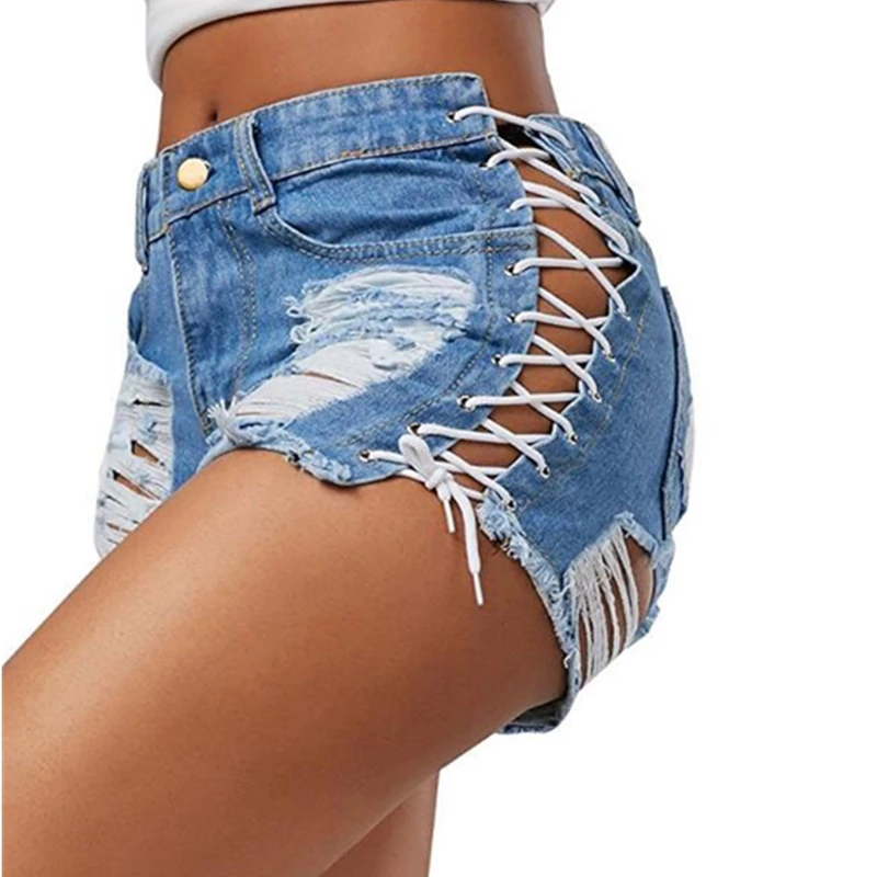 2019 New Sexy Summer Women Denim Shorts Black Blue High Waist Ripped Short Jeans Femme Tassel Lace Up Bandage Hotpants