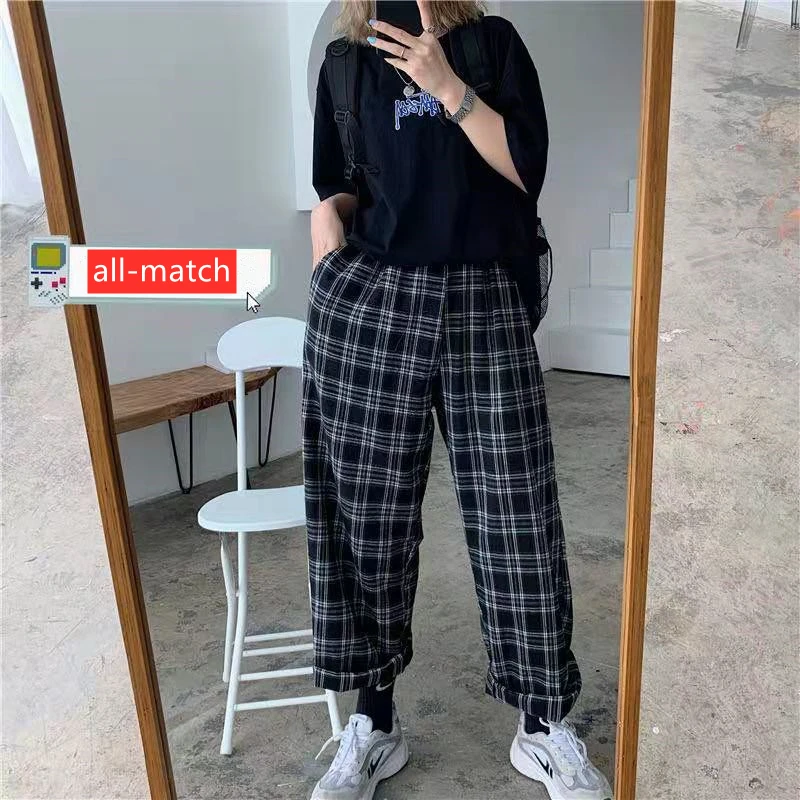 

Plaid Pants Women Spring Casual Chic Oversize Loose Wide Leg Pants Ins Retro Harajuku Hip-hop All-match Fashion Trousers Female