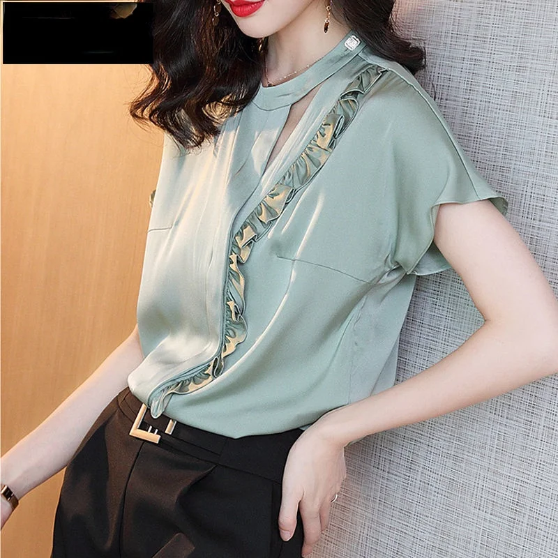 

Solid Loose Plus Size Top Shirts Women 2021 New O-neck Hollow Summer Blouses Women Short Sleeve Satin Casual Women Tops X107