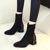 vintage boots women rivet flock shoes women short boots thick high heels fashion square toe ankle all match breathable new g0145