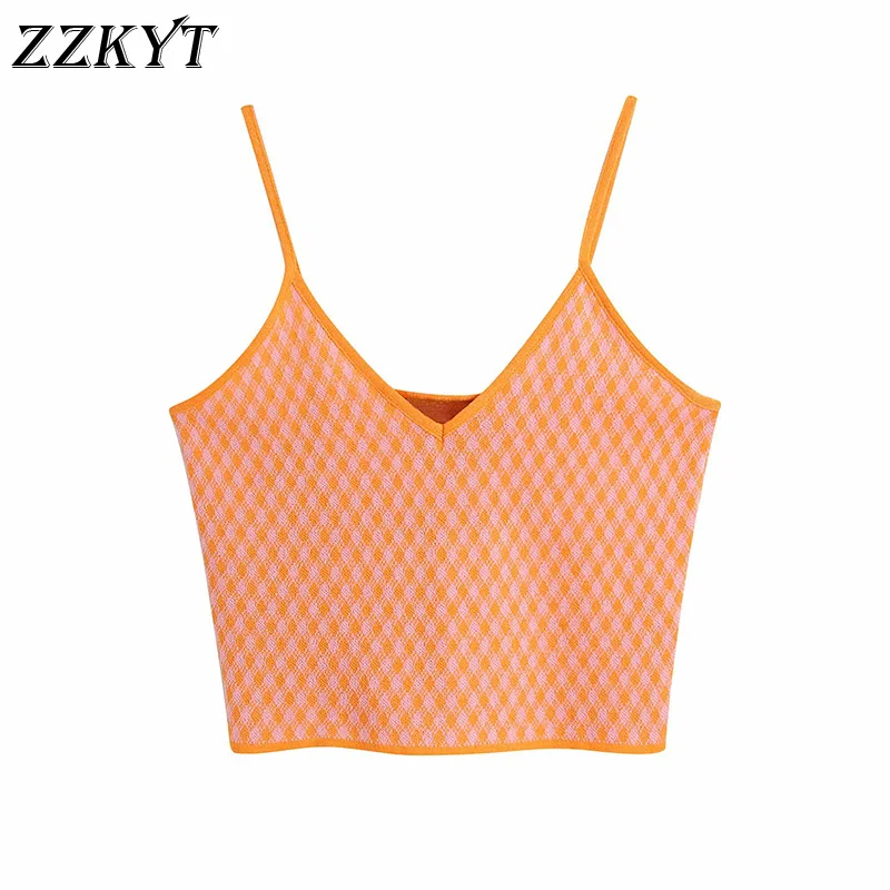 

ZZKYT 2021 Women Summer Fashion Plaid Cropped Knit Tank Tops Vintage Sweet V-Neck Sleeveless Backless Female Casual Chic Tops