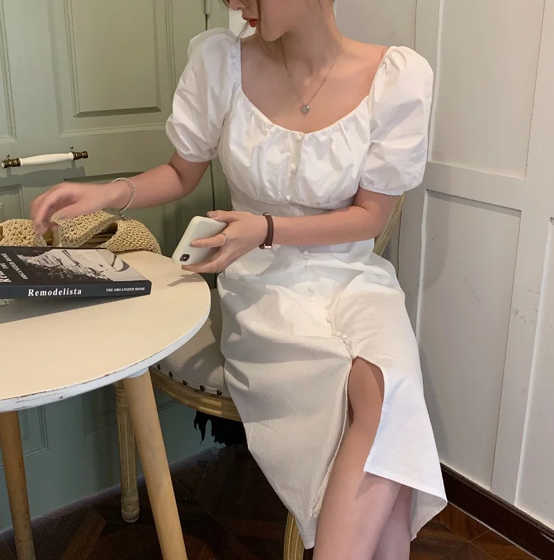 

Summer 2021 New Women Dress Elegance Office Lady Slim Square Collar Gentle Femme Vestidos Vintage Dresses