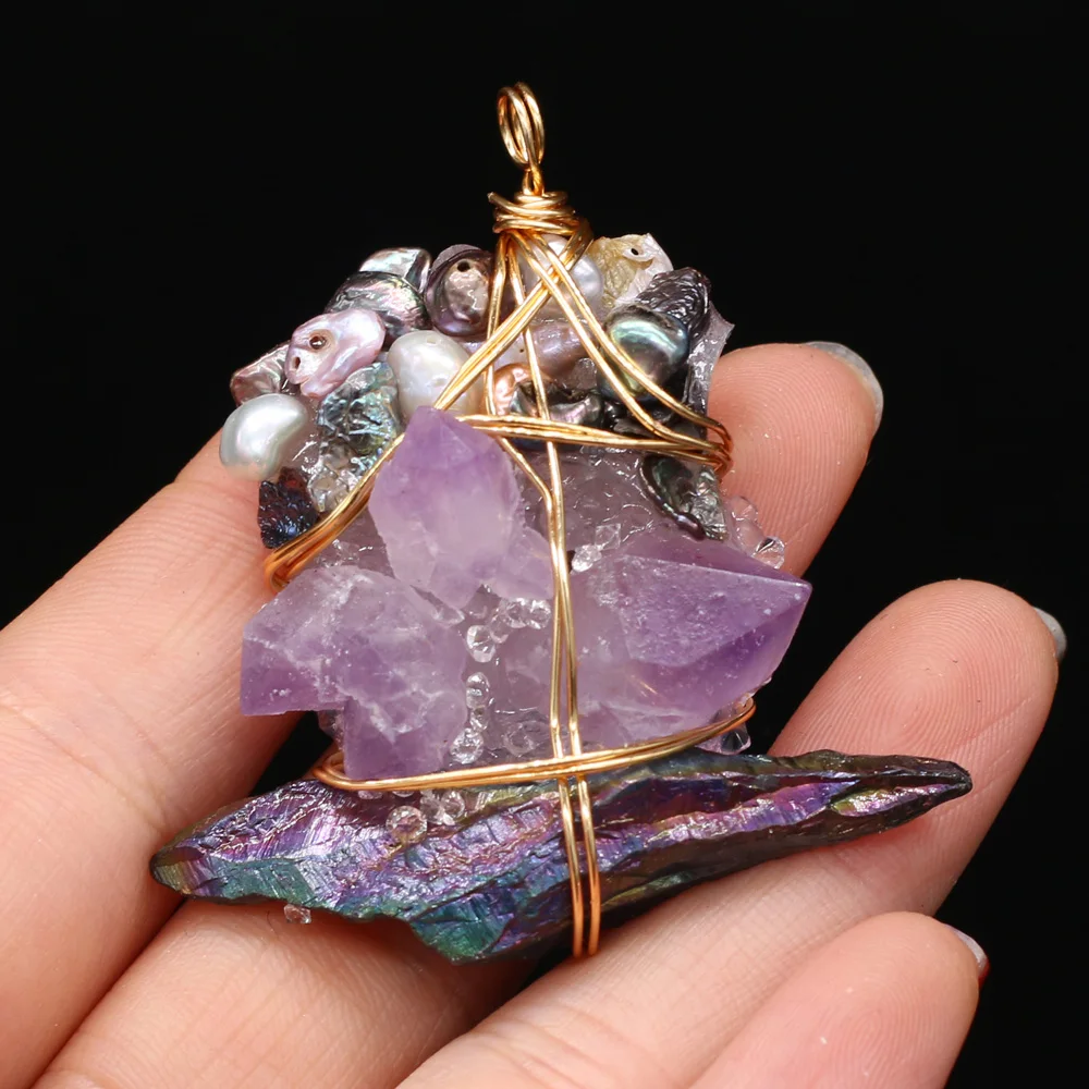 

Natural Stone Pendants Gold Color Wire Wrap Amethysts for Trendy Jewelry Making DIY Women Necklace Earrings