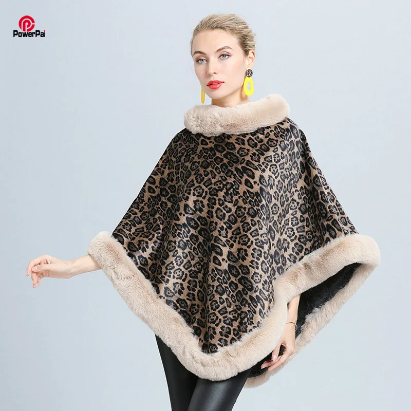 

Fashion Leopard Soft Faux Rabbit Fur Poncho Coat Thicken Warm Fluffy Lining Pullover Cape Women Winter New Wraps Shawl Hot Sales
