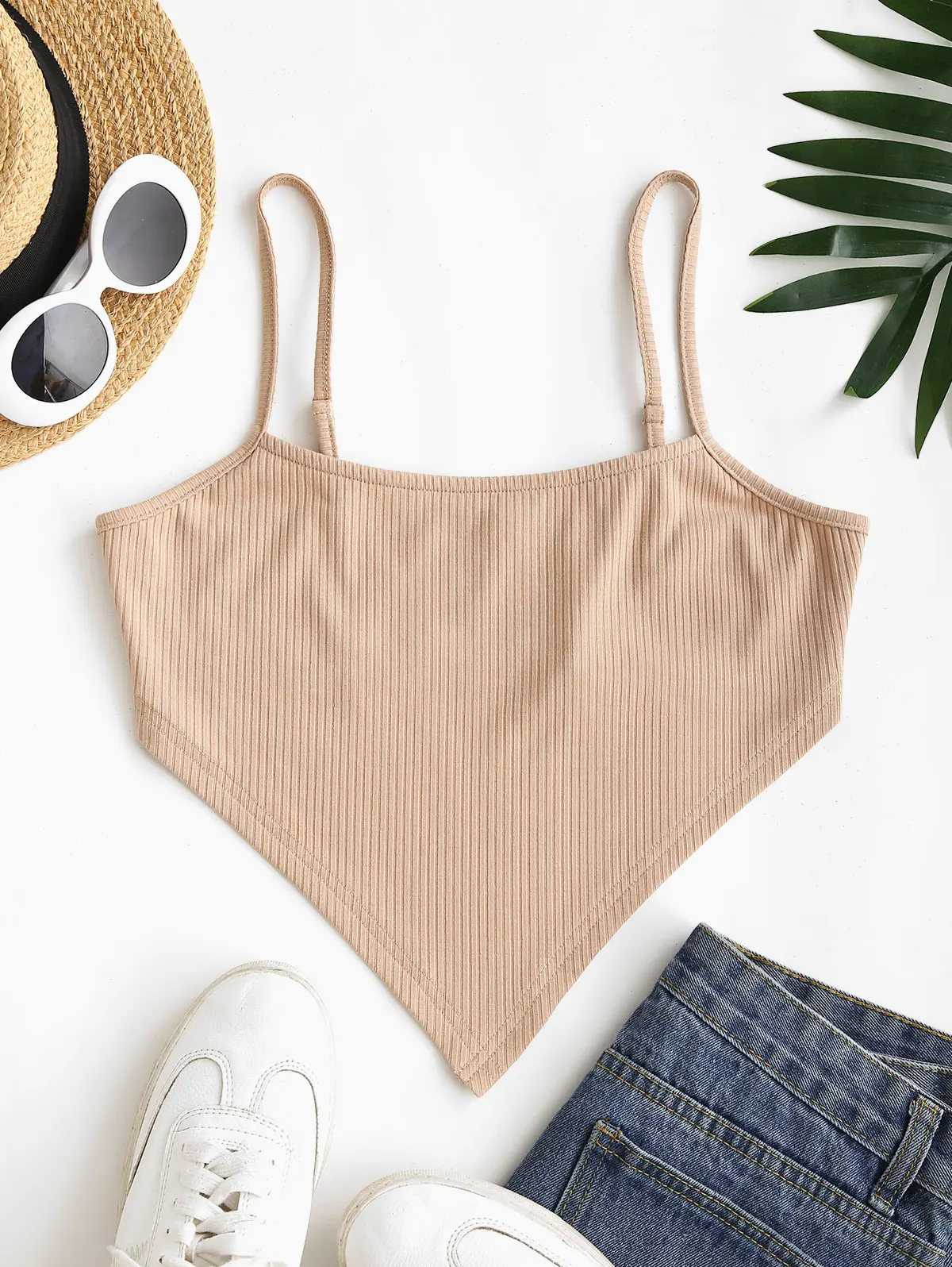 

ZAFUL Pointed Hem Ribbed Cami Top Women Napkin Bikini Top Two-Piece Separates