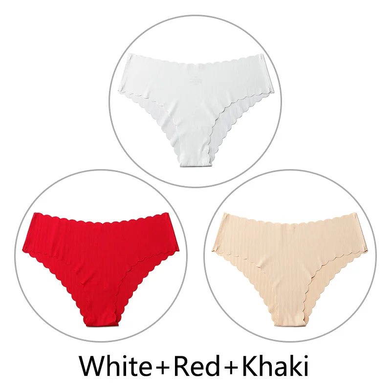 White Red Khaki 3 шт./партия, сексуальные бесшовные трусики с оборками для женщин, полосатые трусы с низкой посадкой, цельное нижнее белье, женское нижнее белье, американский размер xs-l - Цвет: White Red Khaki