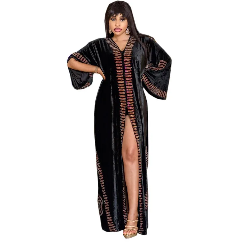 

African Maxi Dressed For Women Stick Diamonds Loose Boubou Robes Autumn New Fashion Flare Sleeve African Traditional Party Dress